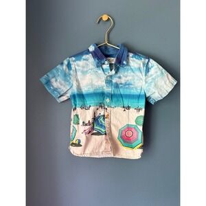 Sovereign‎ Code Kids Beach Scene Print Button Down Shirt Blue Beige 18M